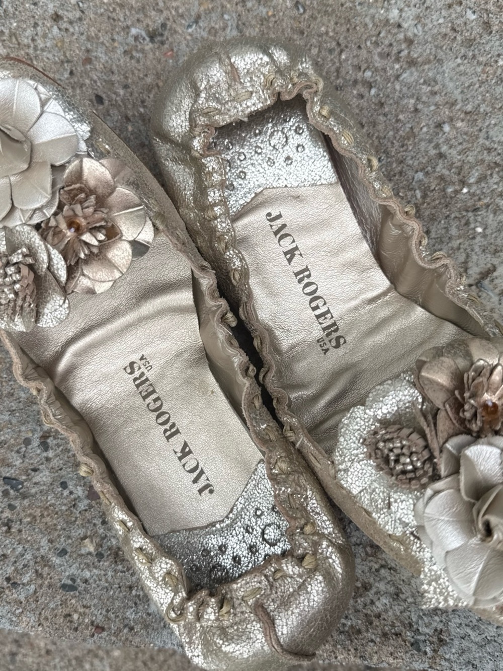 Jack Rogers Metallic Gold Leather Floral Ballet Flats